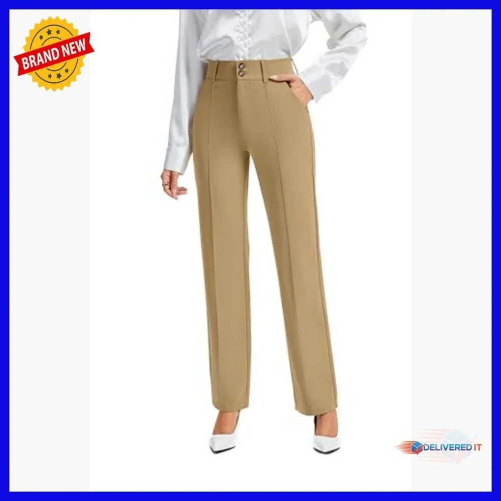 Stretchy Straight Leg Dress Pants High Waist Elastic Casual Slacks with Pockets